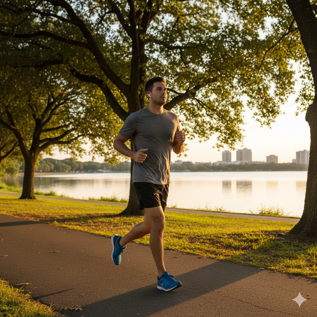 Man wearing white earbuds jogging